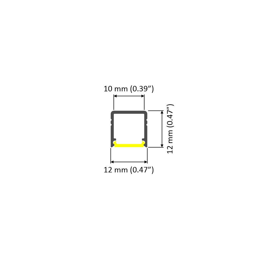 Technical diagram of the Miniature Surface Mount LED Channel ~ Model Smart10: rectangular aluminum profile, 10 mm (0.39”) wide, 12 mm (0.47”) tall/base, with yellow highlights on the bottom corners, ideal for LED channel use.