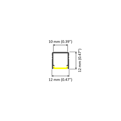 Technical diagram of the Miniature Surface Mount LED Channel ~ Model Smart10: rectangular aluminum profile, 10 mm (0.39”) wide, 12 mm (0.47”) tall/base, with yellow highlights on the bottom corners, ideal for LED channel use.