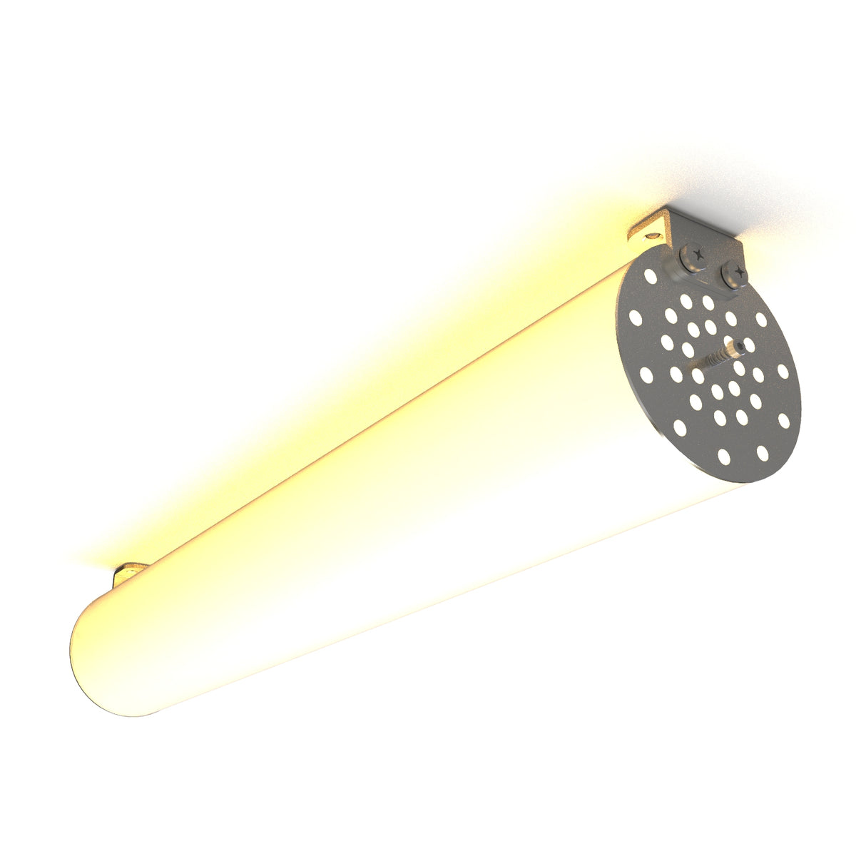 The 4 Acrylic Tube for LED Lights, Model Smokies100, features a warm-glow acrylic diffuser and a perforated metal end cap, ceiling-mounted with metal brackets for even LED illumination.