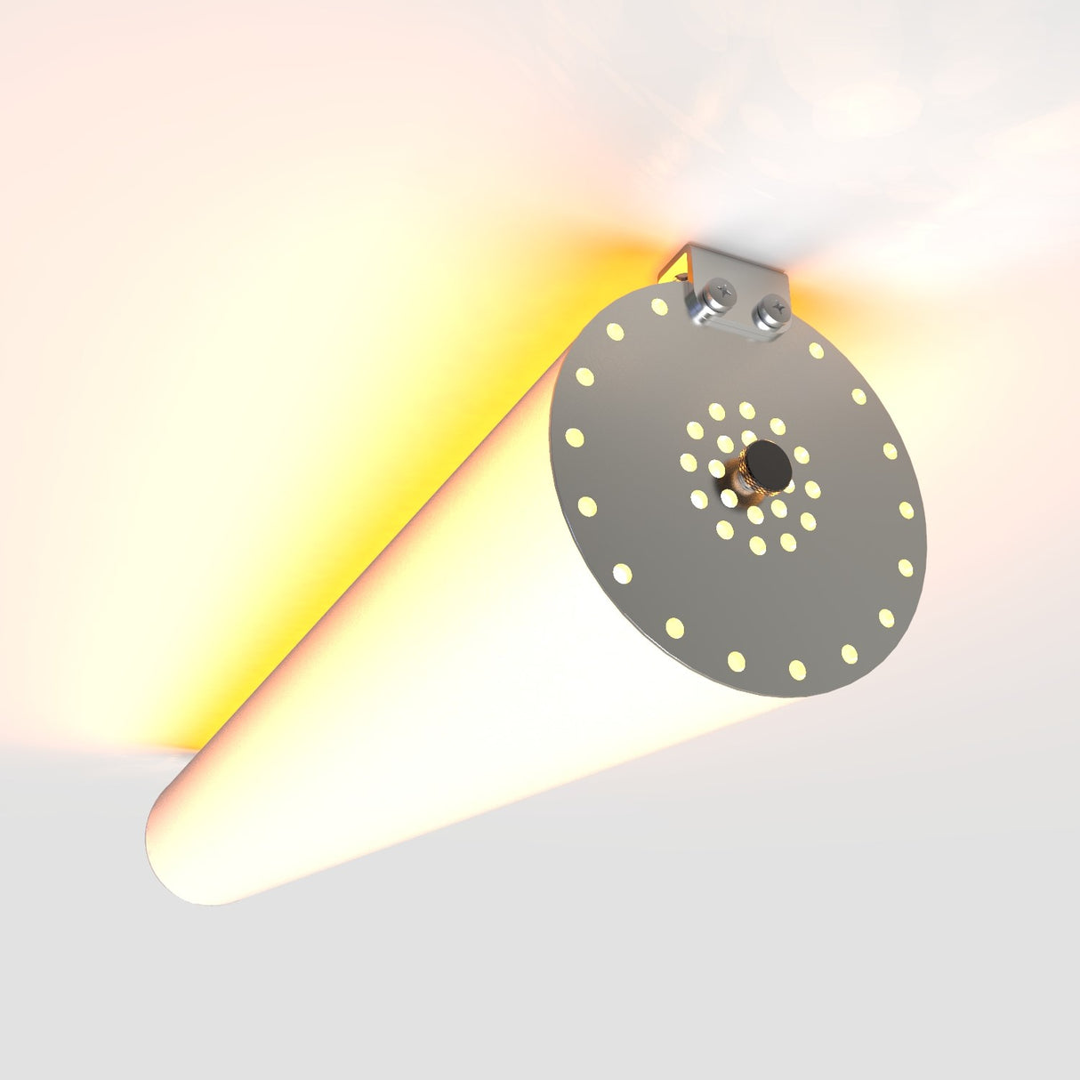 The Surface Mounting Bracket for Large Tube Profiles is a circular anodized aluminum plate with multiple small holes arranged in a pattern for mounting cylindrical ceiling light fixtures.