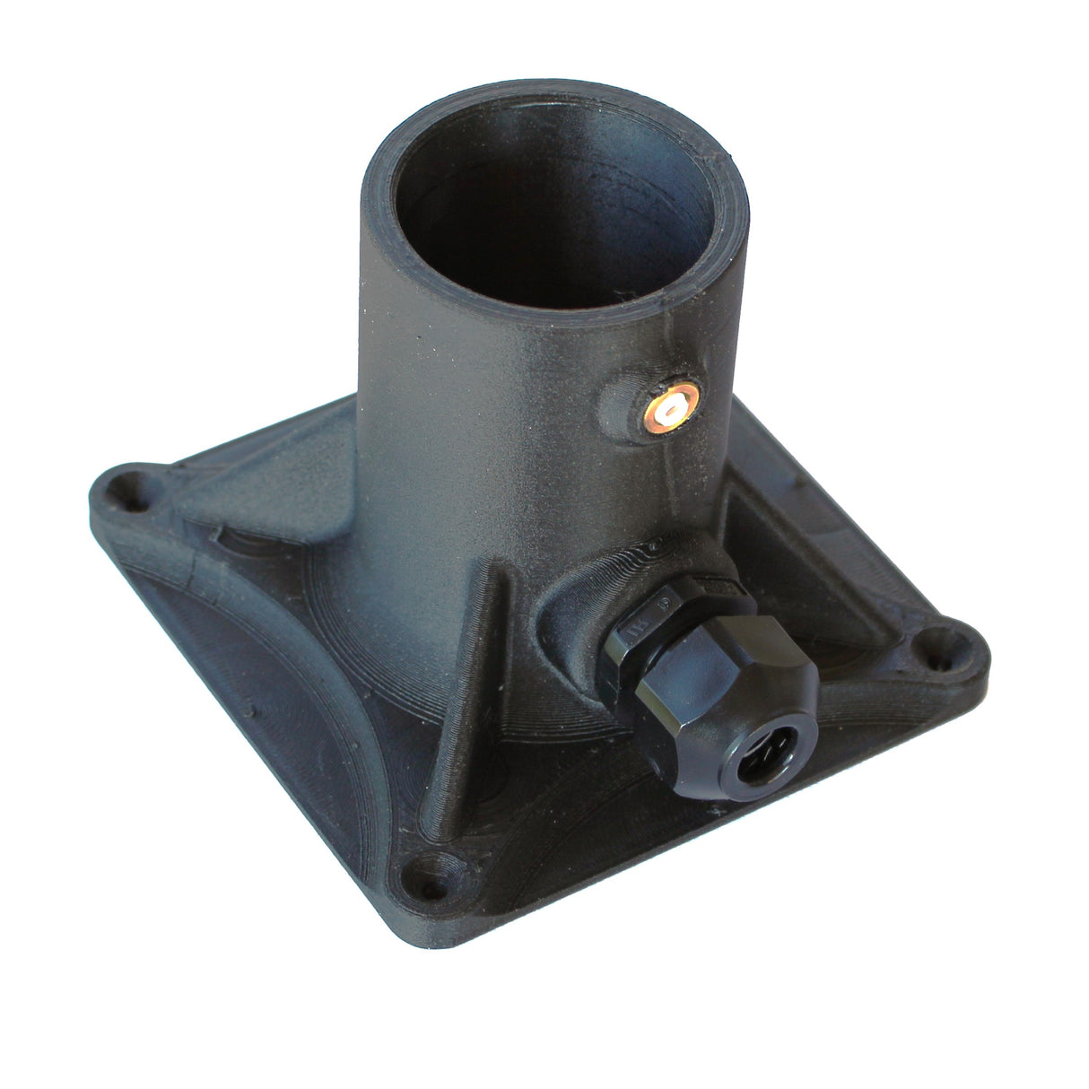 The Plastic Base for 1.50” Round Profiles is a black plastic mounting bracket with a tubular base, square base with four screw holes, and side cable gland—ideal for surface mounting applications.