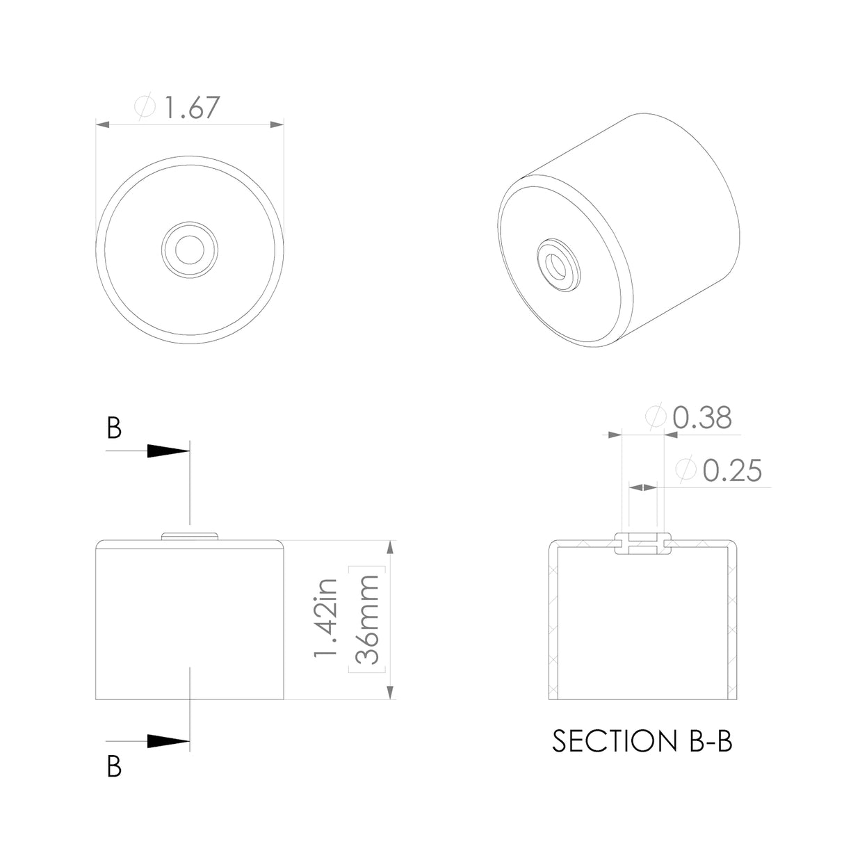 Technical drawing of the Aluminum End Cover for 1.50 Round Profiles, showing top, perspective, side, and section views with dimensions: 1.67 diameter, 1.42 (36mm) height, internal details of 0.38 and 0.25, and a sleek modern finish.