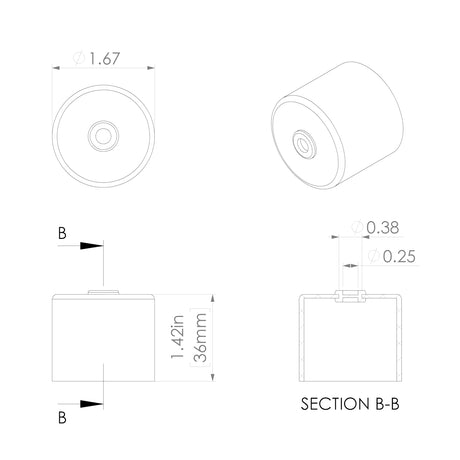 Technical drawing of the Aluminum End Cover for 1.50 Round Profiles, showing top, perspective, side, and section views with dimensions: 1.67 diameter, 1.42 (36mm) height, internal details of 0.38 and 0.25, and a sleek modern finish.