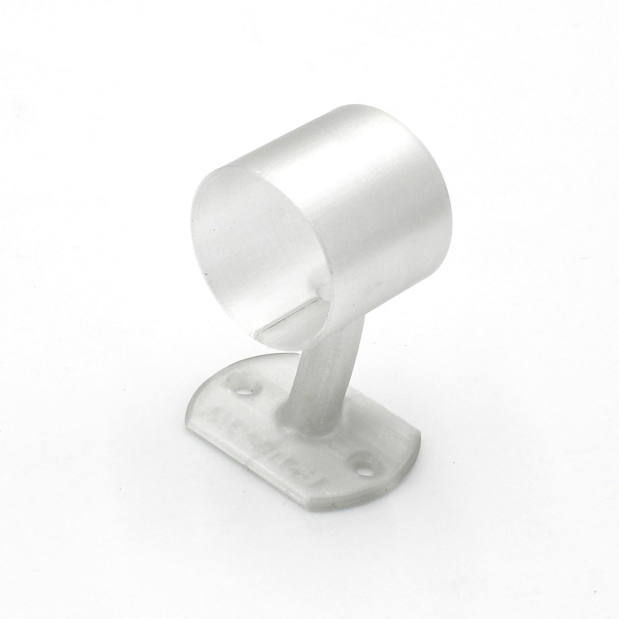 The Wired Post for 1.50 Round Profiles is a translucent plastic bracket with a cylindrical holder, perfect for mounting LED diffuser tubes. It features a flat base with two screw holes, shown against a white background.