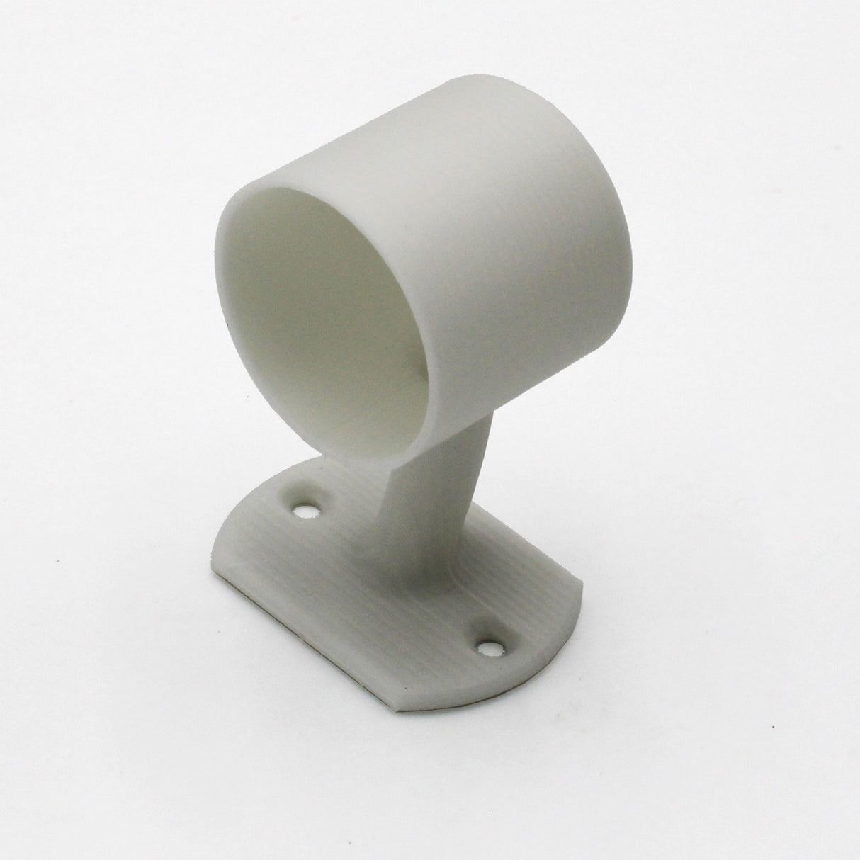 The Wired Post for 1.50 Round Profiles is a white plastic bracket with a cylindrical holder, perfect for securing LED diffuser tubes. It features a flat rectangular base with two screw holes for easy mounting.