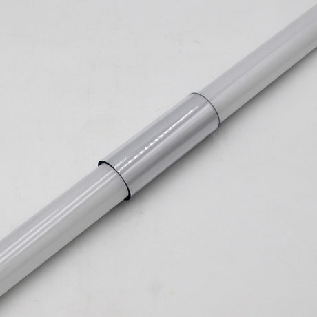 A close-up of the Clear Straight Joint for 1.50 Round Profiles connecting two white cylindrical rods, featuring black rings at the sleeve ends, set against a plain white background.