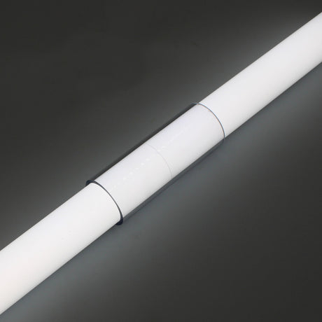 A Clear Straight Joint for 1.50 Round Profiles connects two white cylindrical LED tubes, shown diagonally against a dark background.