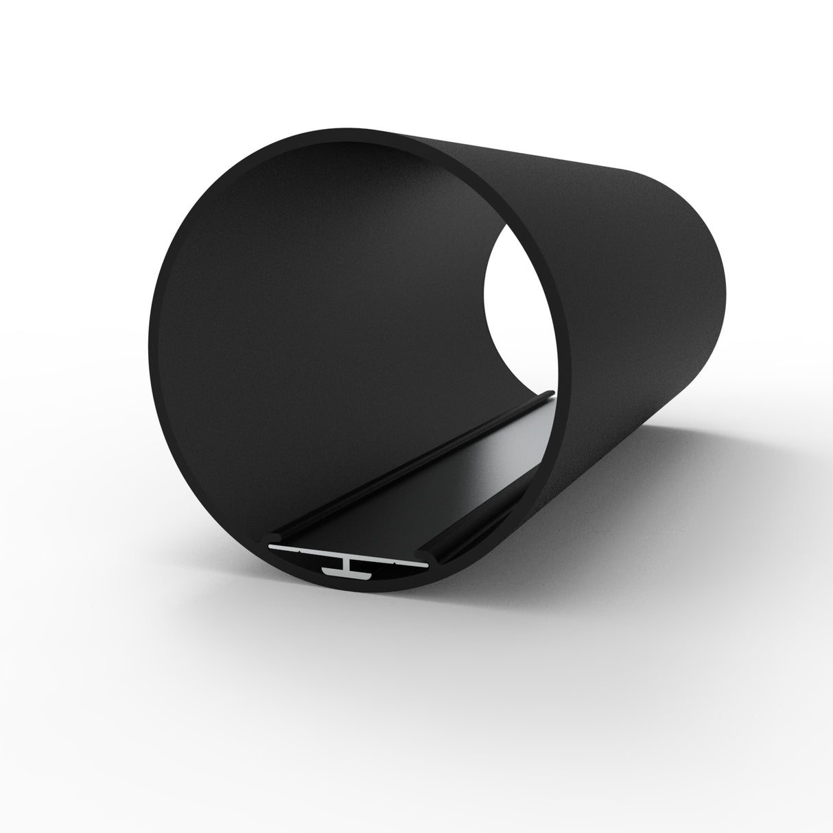 A 2.56 round Smokies65 black acrylic LED lighting tube lies horizontally with a small steel I-beam inside it at the bottom, all set against a plain white background.