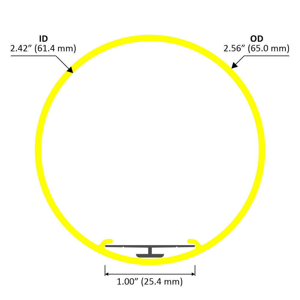 Diagram of a yellow 2.56 Round Acrylic LED Lighting Tube (Model Smokies65) with labeled ID 2.42 (61.4 mm), OD 2.56 (65.0 mm), bottom width 1.00 (25.4 mm); ideal as an LED diffuser, made from PMMA acrylic.