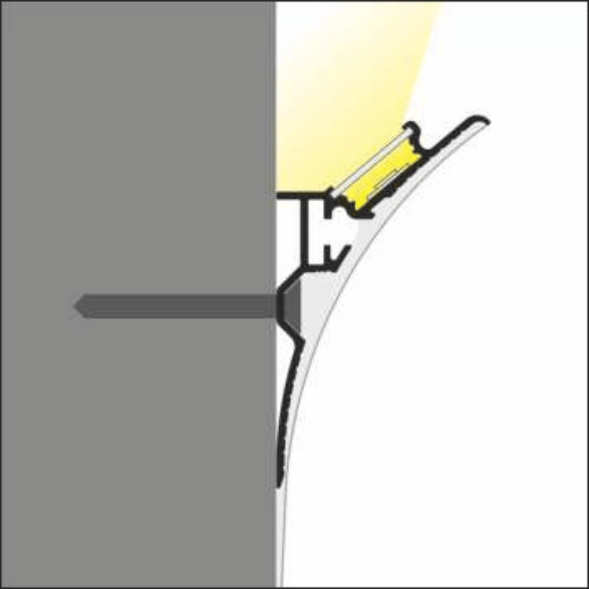 A cross-section diagram shows the Smooth12 Plaster in Cornice LED Channel mounted to a flat surface with its hidden light source behind a slanted cover, creating a seamless transition and casting an upward yellow glow.