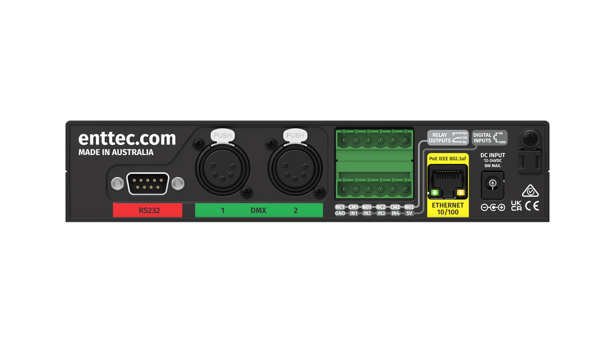 Rear view of the Enttec S-Play SP1-1 Professional 32-Universe DMX Show Controller with RS232, 2 DMX ports, relay outputs, DC input, Ethernet port, reset button, plus labeled connectors and LEDs for advanced show recording functions.