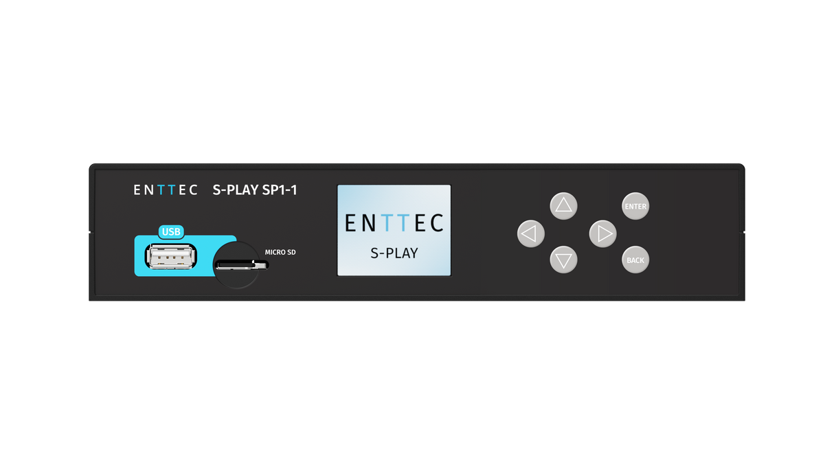 Front view of the Professional 32-Universe DMX Show Controller ~ Enttec S-Play SP1-1, featuring a USB port, micro SD slot, display showing ENTTEC S-PLAY, and navigation buttons: Enter, Back, and directional arrows.
