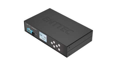 The Professional 32-Universe DMX Show Controller ~ Enttec S-Play SP1-1, a black rectangular device with side buttons, display screen, ports, and indicator lights, offers advanced DMX recording as a smart show recorder and precise light show controller.