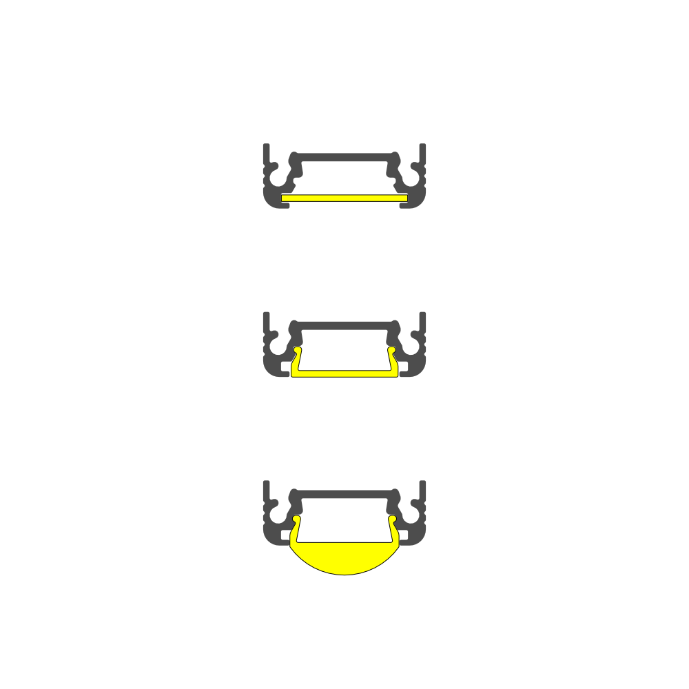 Three gray horizontal Surface Mount LED Strip Channels (Model Surface10) are shown, each containing a different yellow diffuser shape: flat on top, slightly angled, and semicircular. All Surface10 channels are centered vertically on a plain white background.