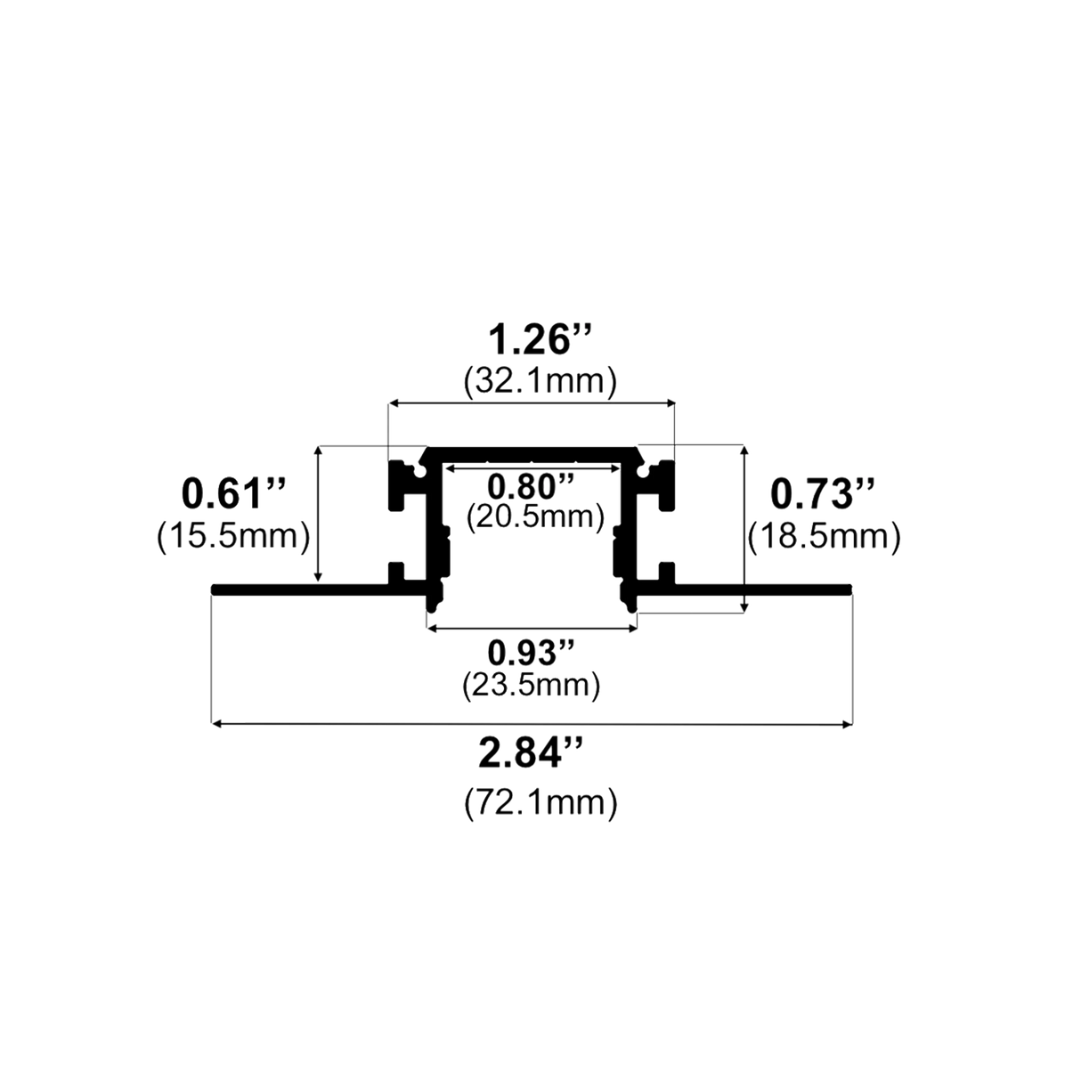 Black cross-section diagram of the 0.93" Trimless Mud-In LED Drywall Channel (Model TL-041), extruded metal profile, labeled dimensions: 2.84" (72.1mm) wide, 1.26" (32.1mm) tall, with internal widths from 0.61" to 0.93".