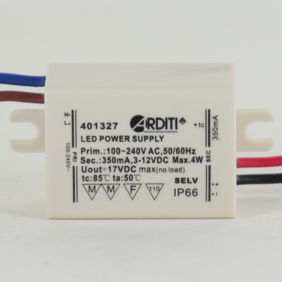A rectangular white Single Output Mini LED Constant Current Driver (350mA) labeled with technical specifications and colored electrical wires attached to its sides.