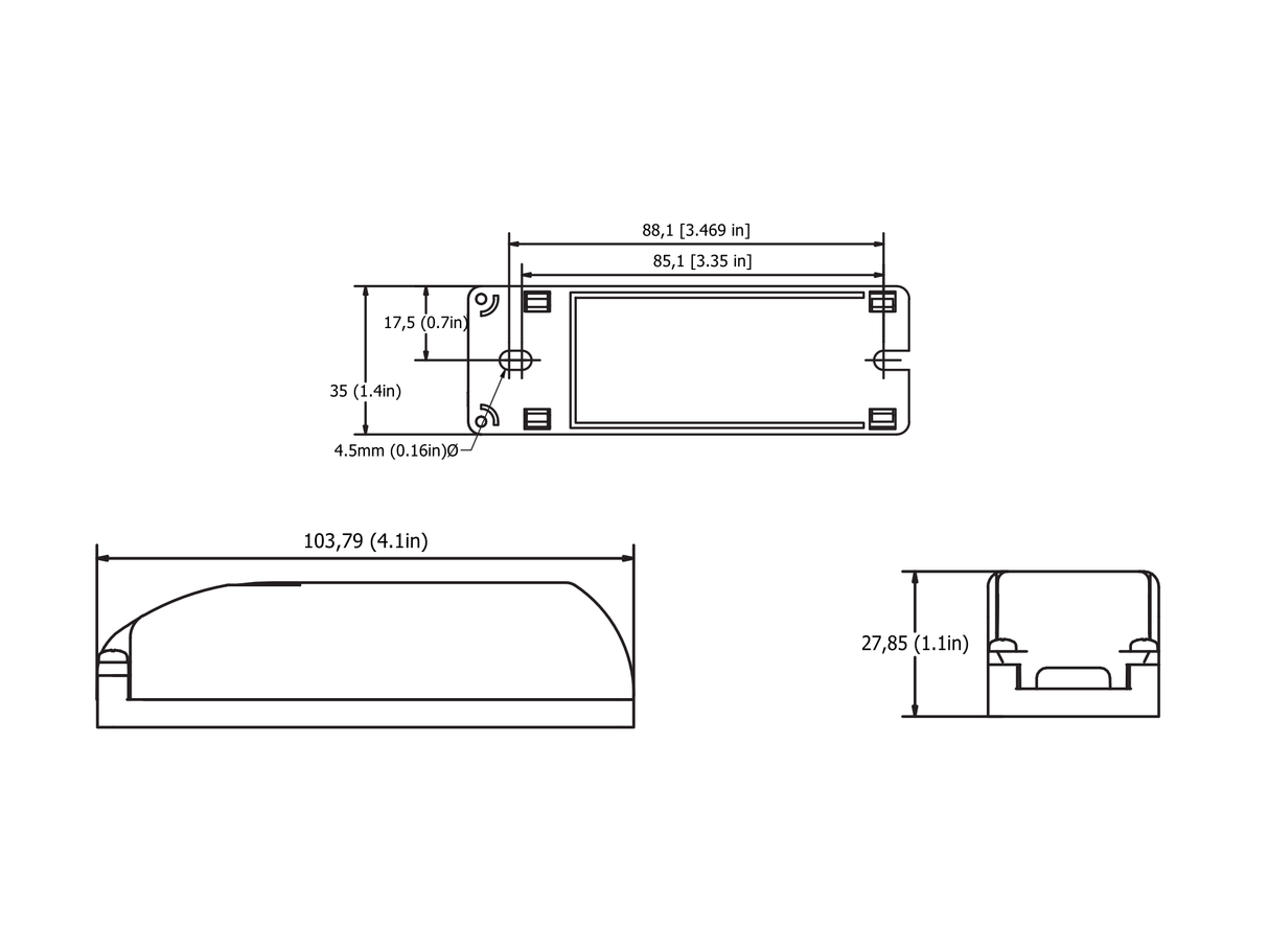 Technical drawing of Casambi Single Channel Long-Range Wireless Trailing Edge Dimmer (Eulum TRED-CSB-2A-XSF), showing top, side, and front views with dimensions: 103.79 mm (L) x 35 mm (W) x 27.85 mm (H) plus labeled hole/component sizes.
