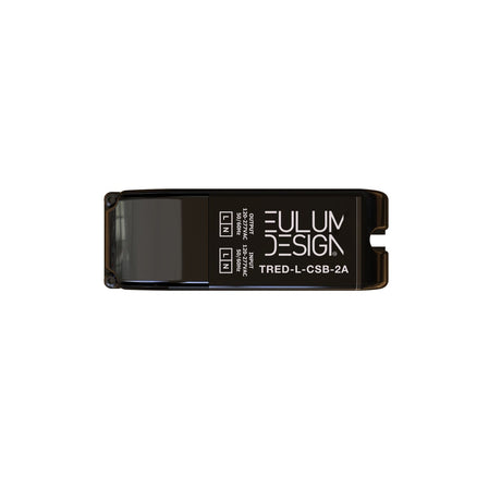 The Casambi Single Channel Long-Range Wireless Trailing Edge Dimmer (Eulum TRED-CSB-2A-XSF), a rectangular black device with white branding, provides wireless smart LED dimming for modern lighting; shown against a white backdrop.