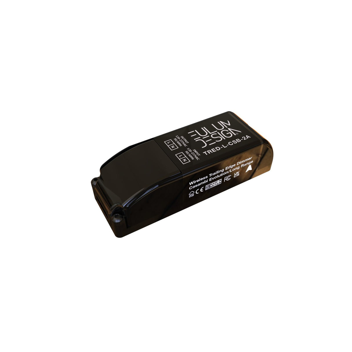 A black Casambi Single Channel Long-Range Wireless Trailing Edge Dimmer (Eulum TRED-CSB-2A-XSF) with white printed text and symbols is photographed on a white background.
