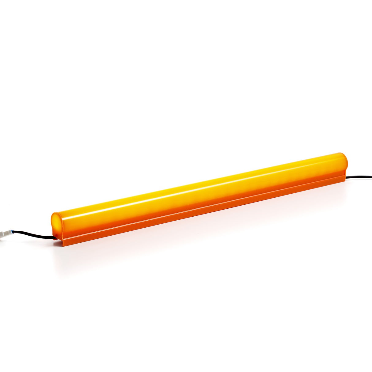 A bright orange Hi-Lite 30 Straight Section Colored Border Contour Tube Light with black power cords at both ends is displayed on a white surface, reflecting subtly underneath.