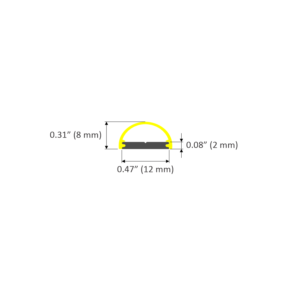 Cross-section diagram of the Ultra Low-Profile Surface-Mount LED Profile ~ Model Tennessee, featuring a yellow curved top, gray flat base, and dimensions: 0.31 (8 mm) height, 0.47 (12 mm) width, and 0.08 (2 mm) thickness.