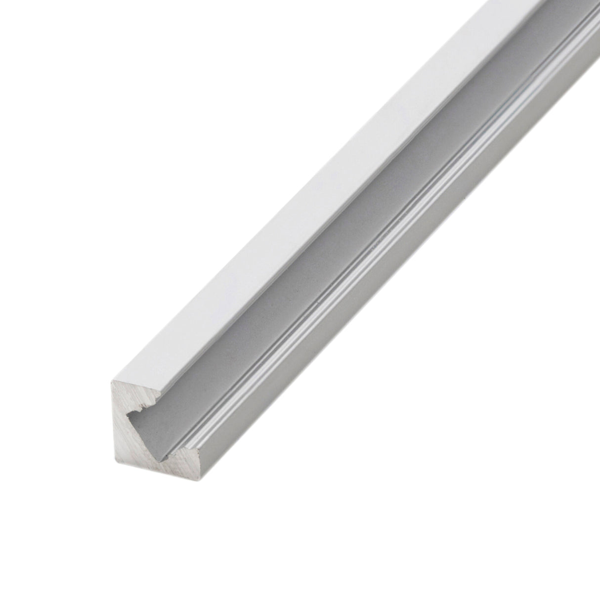 A close-up of the 35/55 Degree Corner LED Lighting Channel (Model Texas Mini), featuring an anodized aluminum build with a triangular groove along its length. Ideal for framing or mounting. Shown against a plain white background.