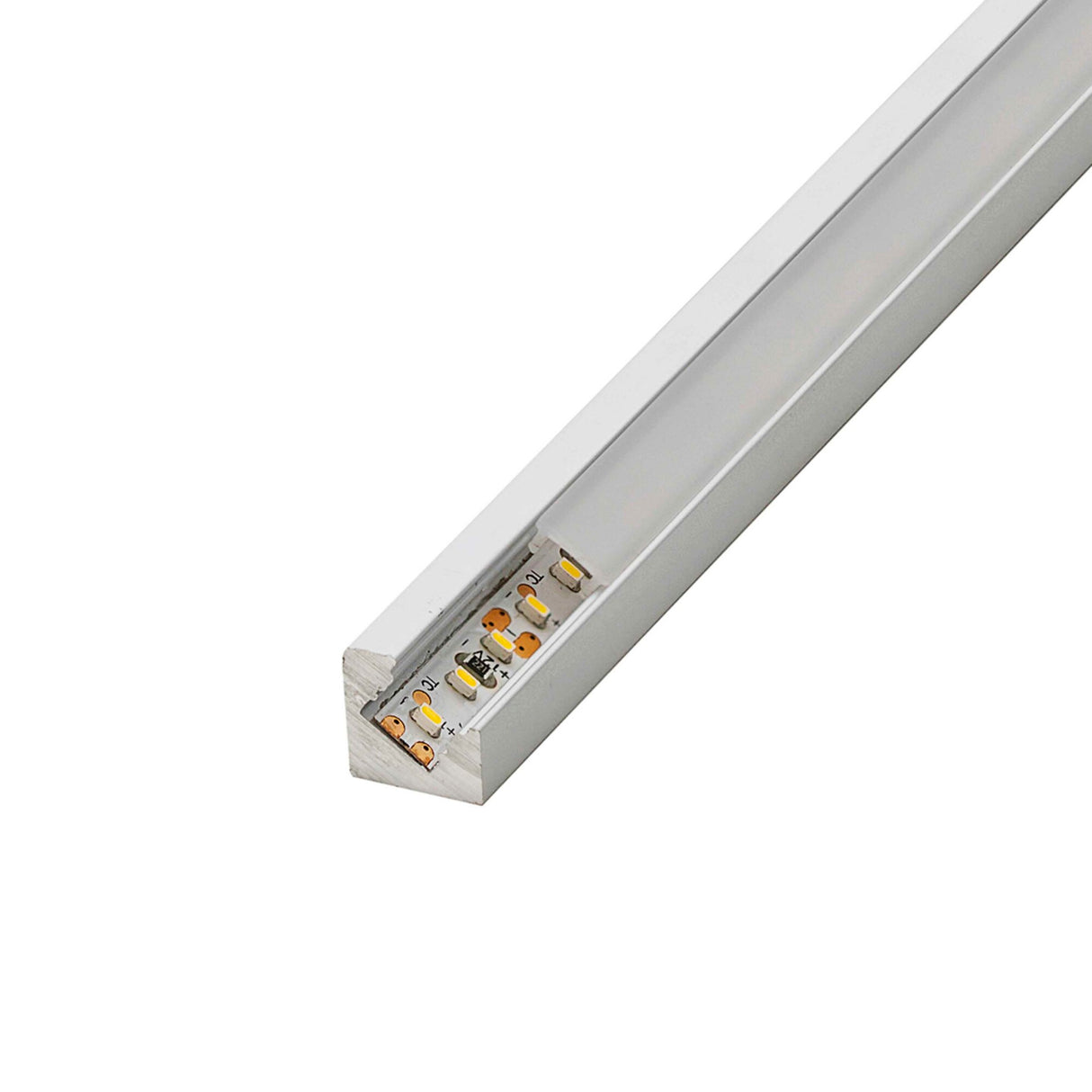 A close-up of the 35/55 Degree Corner LED Lighting Channel ~ Model Texas Mini shows its anodized aluminum V-shaped profile with a frosted diffuser, partially revealing the LED strip inside—ideal for corner installations.