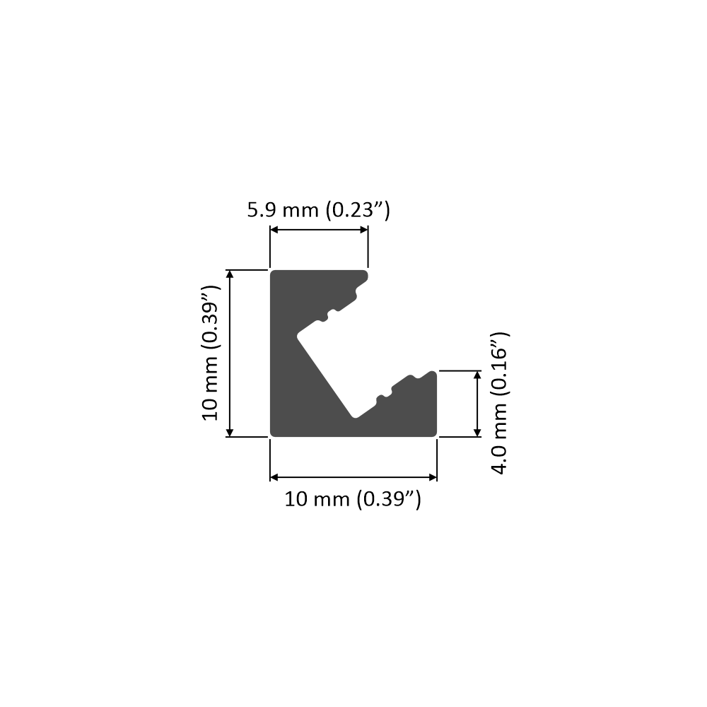 Cross-section diagram of the 35/55 Degree Corner LED Lighting Channel (Model Texas Mini) with labeled dimensions: 10 mm x 10 mm square, 5.9 mm top notch, and 4 mm bottom notch, each with inch equivalents shown in parentheses.