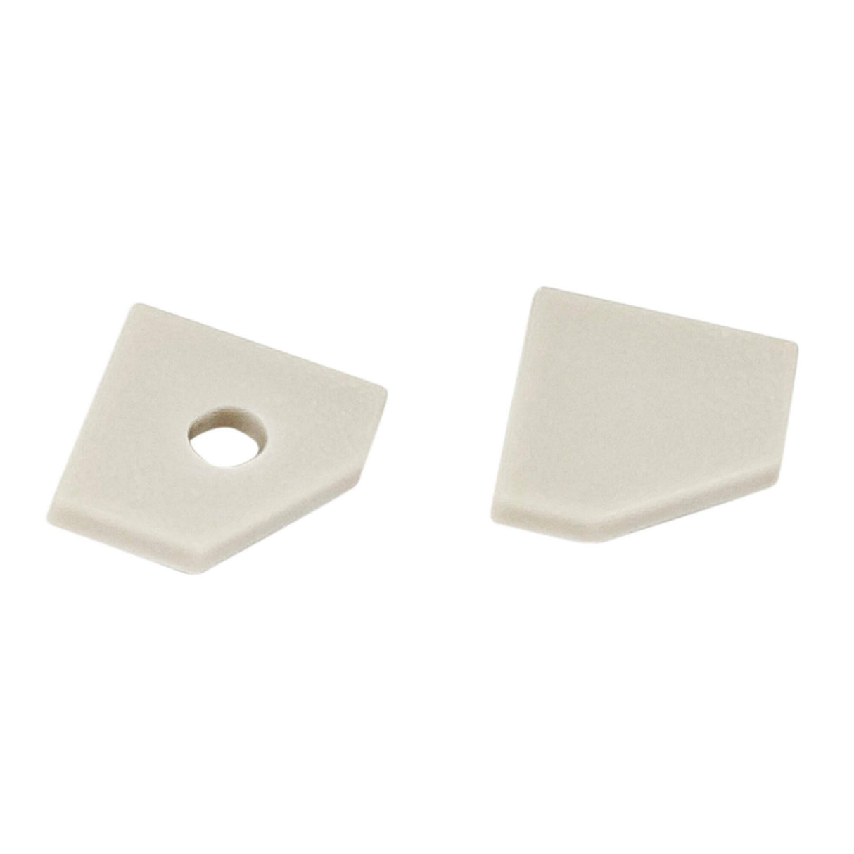 Two small, flat beige plastic end caps for the Texas Mini Profile—one solid and one with a round hole—feature angled edges and are shown side by side on a white background.