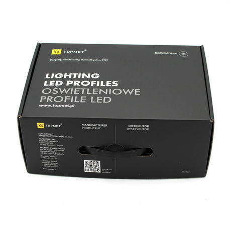 A black rectangular box labeled LED Channel Sample Case by TOPMET, displaying contact info, QR code, distributor details in English and Polish, plus samples of architectural and aluminum profiles.