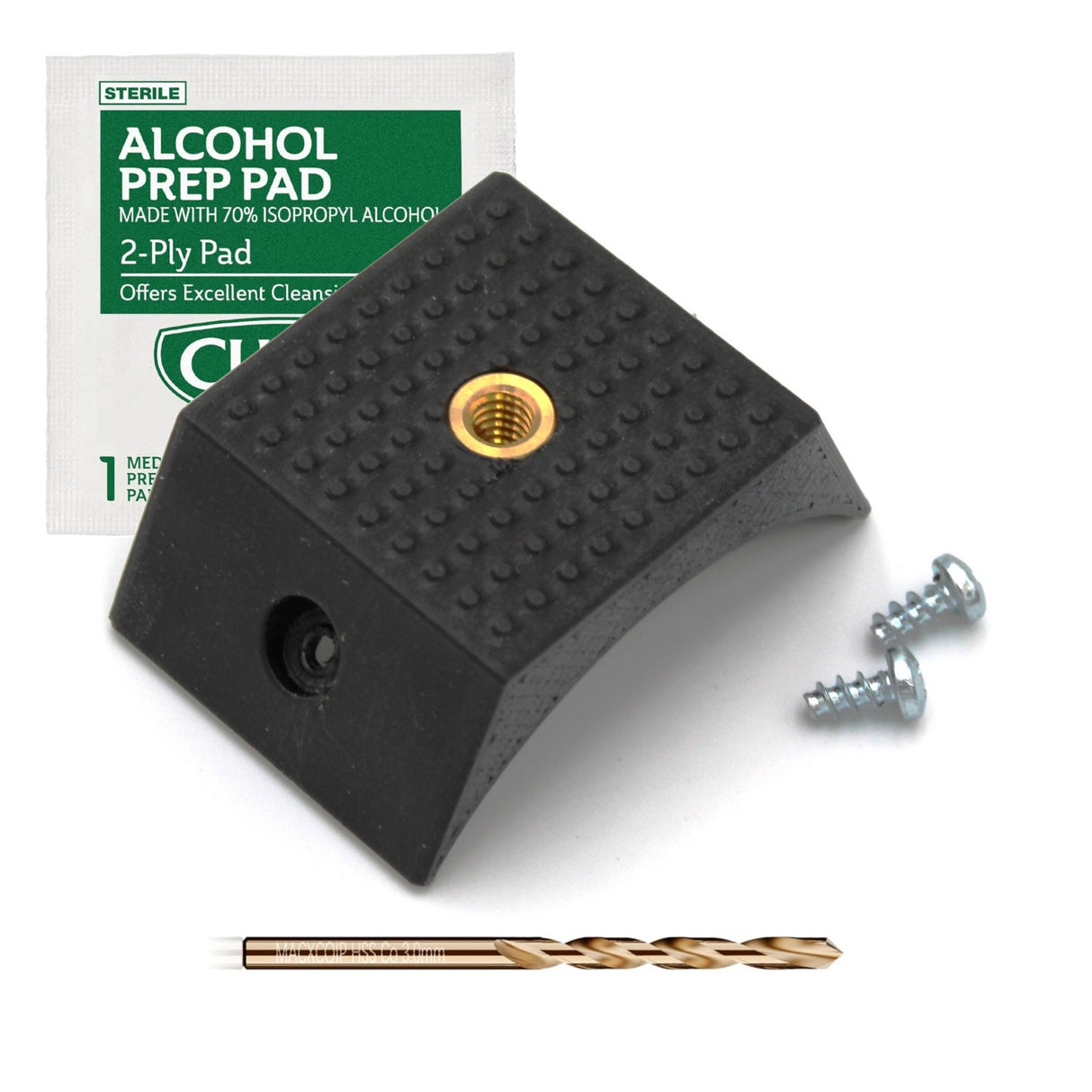 A pack of alcohol prep pads, a black rubber foot with gold threaded insert, two silver screws, and a gold drill bit for the S65 Tripod Mount ~ Portable Mounting Accessory for Smokies65 & Sierra65 Tubes are arranged on a white background.