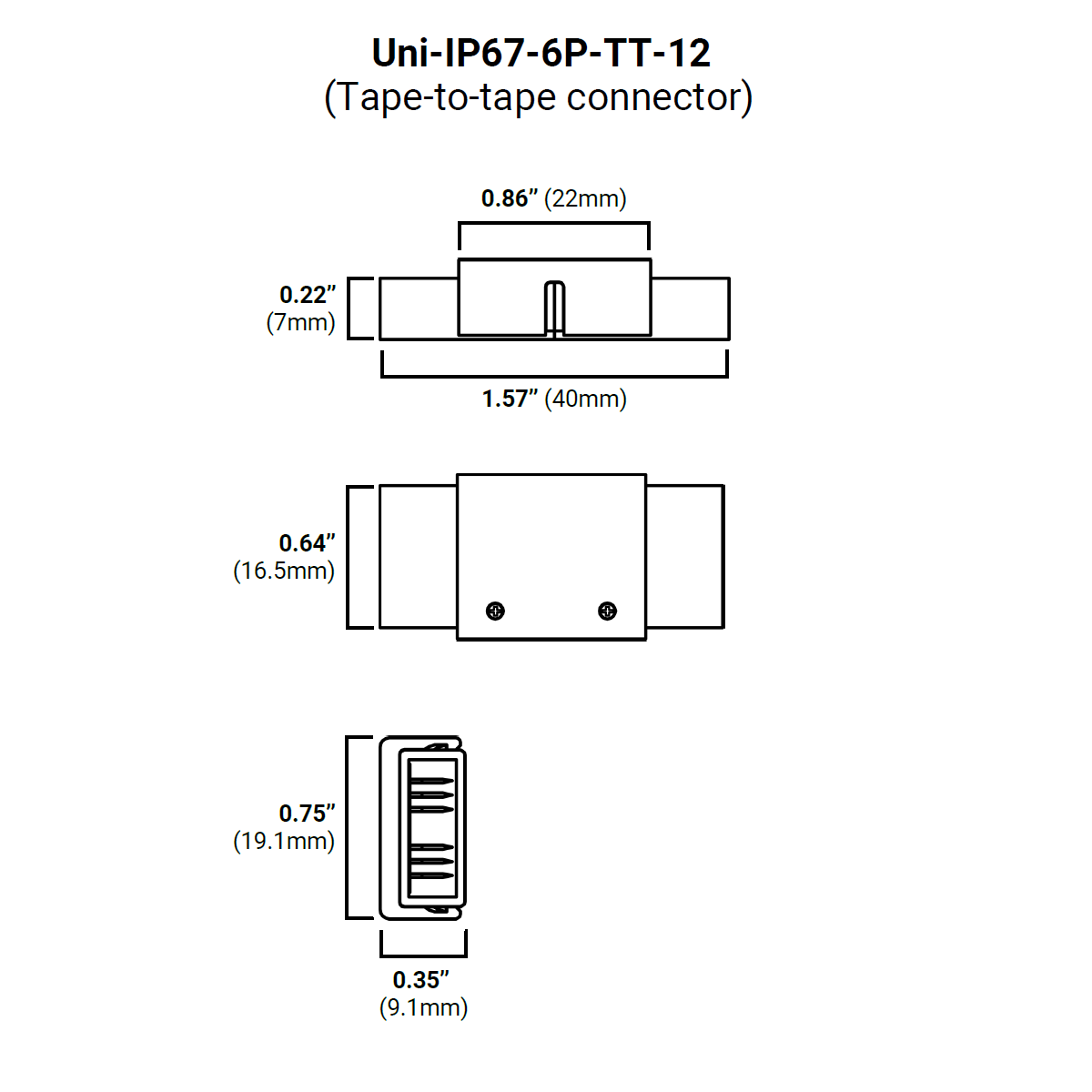 Technical drawing of the RGB+CCT 6-Pin Wire Connector ~ UniColor IP67 COB Series, front/top/side views with dimensions: 1.57 x 0.86 x 0.75 in (40mm x 22mm x 19.1mm), ideal for LED strip connector applications.