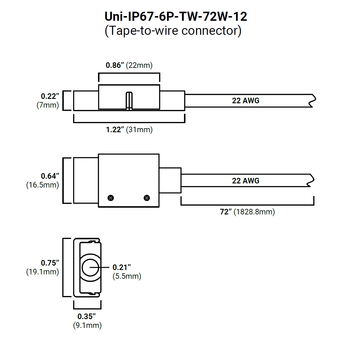 Technical diagram of the RGB+CCT 6-Pin Wire Connector ~ UniColor IP67 COB Series, showing connector dimensions, 22 AWG wire gauge, overall cable length (72 inches), and labeled width, height, and thickness in inches and mm.