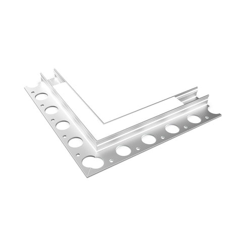 A white metal Corner Connector for Uni-Tile12 180 Profile with circular holes along its right-angled length—ideal for construction, tile edging, or as an LED channel corner connector.
