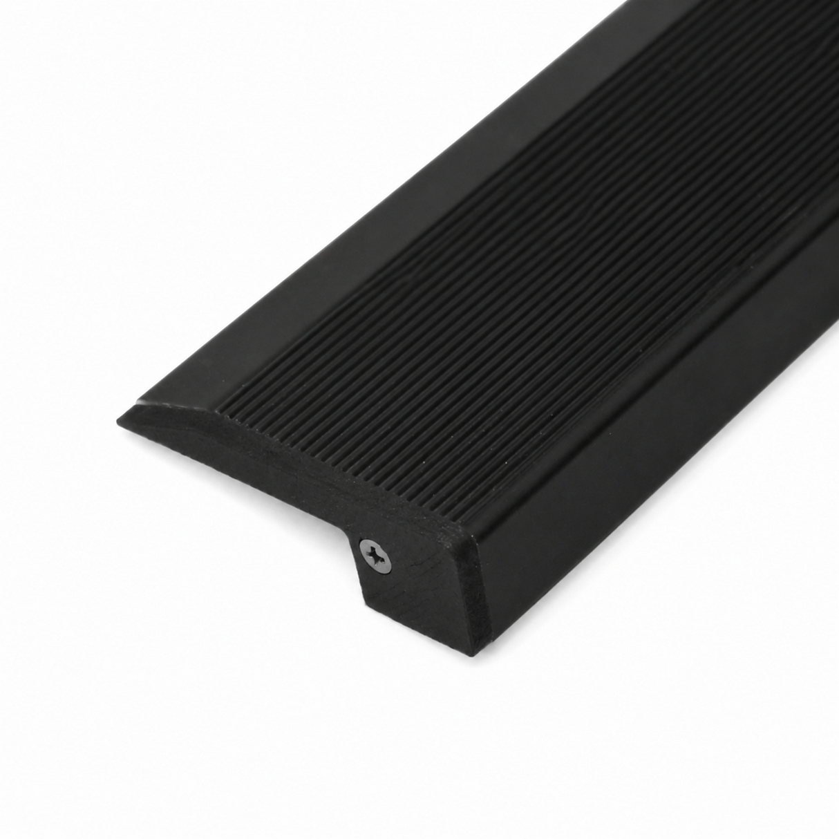A 3D Printed End Cap for Up-Mini10 Profile, displayed next to a black rubber stair nose trim with a ribbed surface and visible metal screw, photographed on a white background.