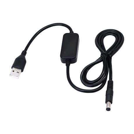 The USB 5V to 12V Step-Up Voltage Converter for LED Lights features a black USB Type-A connector, a DC barrel output, and a compact control unit—ideal as an LED strip power supply or a 5V to 12V adapter.