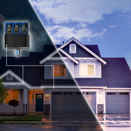 A split-image of a house day and night features wiring diagrams connected to the twilightCompact by BleBox, an ultra-compact daylight sensor for LED lights that highlights energy-saving smart home lighting.