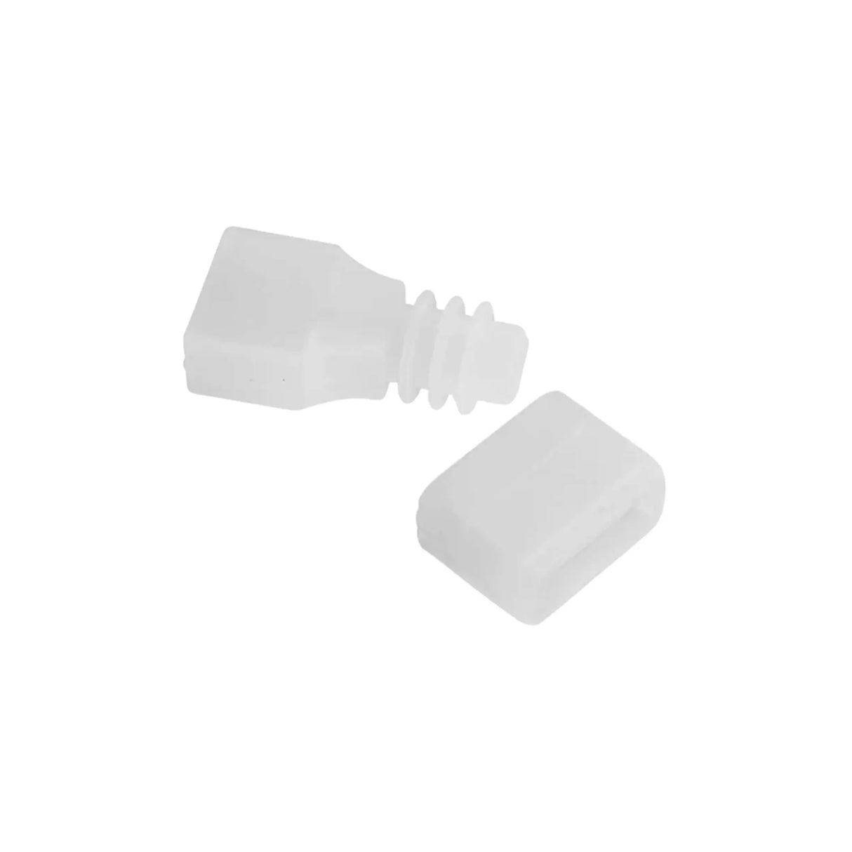 Two small, translucent white plastic caps—one with a ridged neck, the other rectangular—rest on a plain white background. They appear to be components of the RGB+CCT 6-Pin Wire Connector for the UniColor IP67 COB Series.
