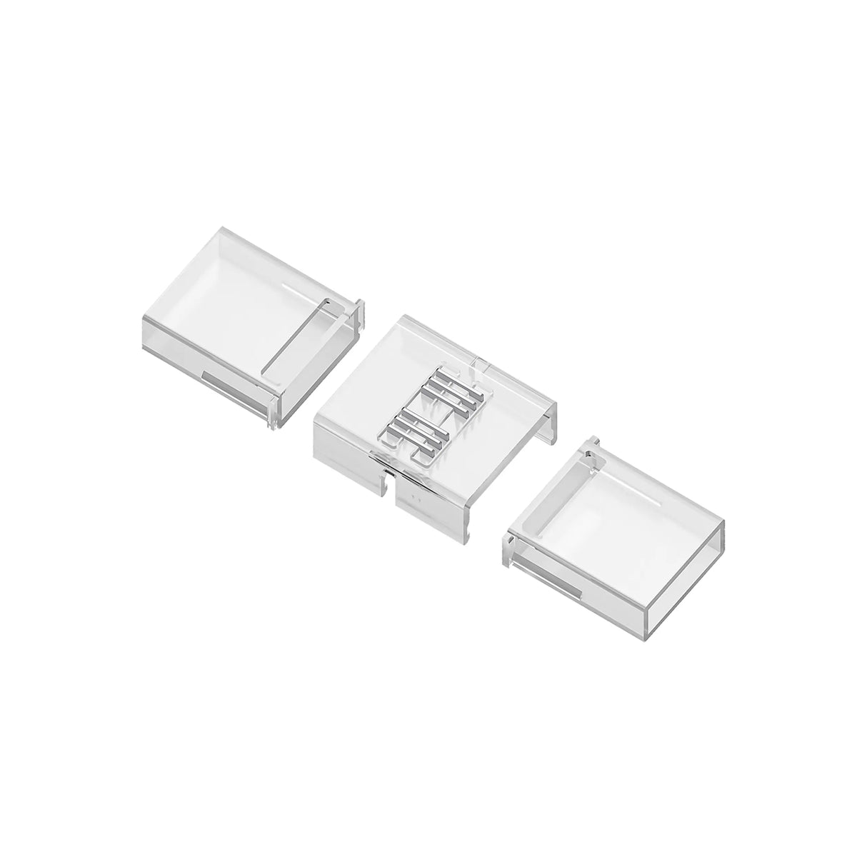 Three clear, rectangular plastic containers are shown on a white background. The center one, with compartments and a hinged lid, is perfect for organizing items like the RGB+CCT 6-Pin Wire Connector ~ UniColor IP67 COB Series; the other two have standard lids.