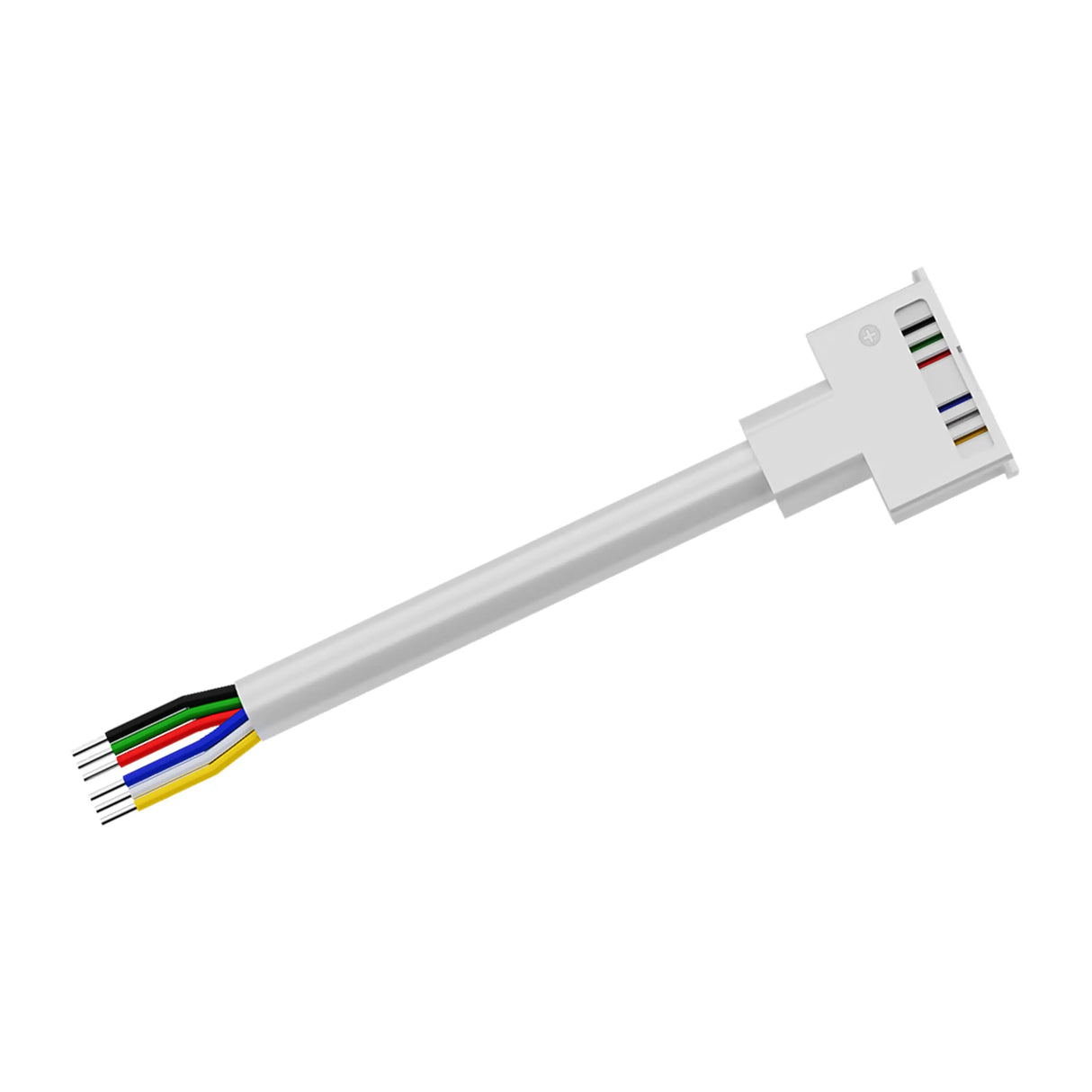 The RGB+CCT 6-Pin Wire Connector ~ UniColor IP67 COB Series features a white cable with a flat rectangular connector on one end and five exposed colored wires (black, green, blue, yellow, red) ideal for RGB CCT or LED strip connections.