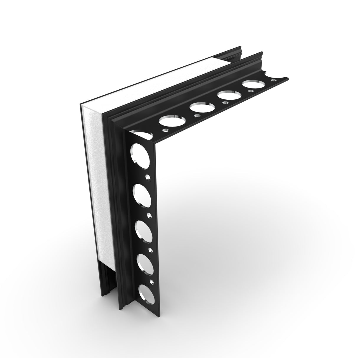 The Corner Connector for Uni-Tile12 180 Profile, in black aluminum with circular cutouts, is shown fitted over the edge of a white rectangular panel against a plain white background.
