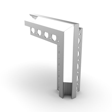 A white and silver Corner Connector for Uni-Tile12 270 Profile with circular side cutouts, designed for wall or edge installation as a corner connector for LED channels, shown against a plain white background.