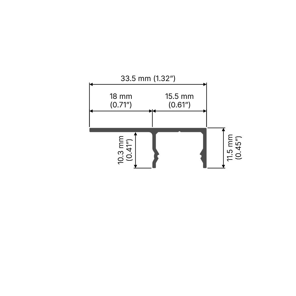 Technical drawing of the White LED Tile Edge Light Strip Kit (24V) ~ Nicho Series aluminum channel: width 33.5 mm (1.32”), left 18 mm (0.71”), right 15.5 mm (0.61”), height 10.3 mm (0.41”) and 11.5 mm (0.45”).