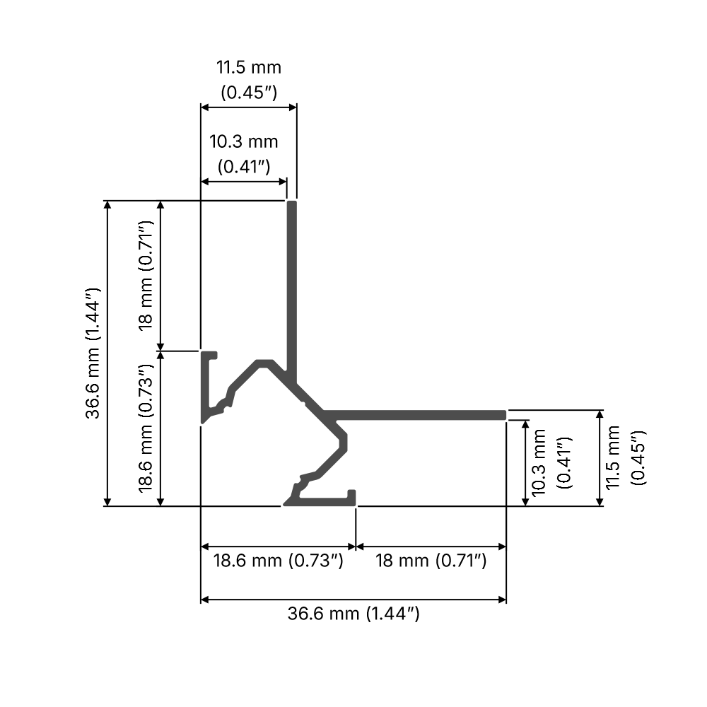 Technical drawing of the White LED Tile Light Strip Kit for Outside Corners (24V) ~ Nicho Series, highlighting L-shaped aluminum channel dimensions in mm and inches, with detailed lengths, heights, and thicknesses of each profiled section.