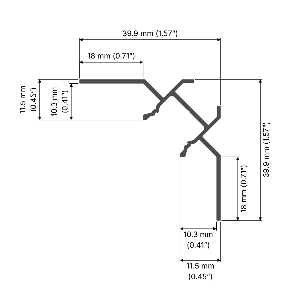 Technical diagram of the White LED Tile Light Strip Kit for Inside Corners (24V) ~ Nicho Series, showing all dimensions labeled in mm and inches, including 39.9 mm width/height, 18 & 10.3 mm inner, and 11.5 mm outer segments.