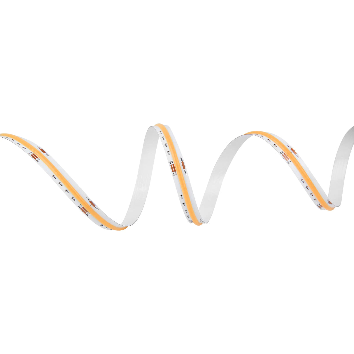 A Tunable White COB IP20 High CRI LED Strip (24V) from the UniCCT Series is displayed in a wavy, serpentine pattern against a plain white background, emphasizing its adjustable color temperature capability.