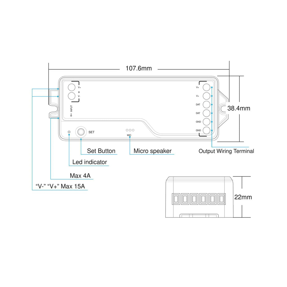 Technical diagram of the EnoLED UniPixel Series Color-Chasing RGB Pixel IP20 COB LED Strip Kit (24V), a rectangular electronic device for addressable LED lighting, showing dimensions (107.6mm x 38.4mm x 22mm), labeled ports, set button, LED indicator, micro speaker, and wiring terminals. Also displays maximum current values—ideal for managing installations of RGBIC COB or smart LED strips.