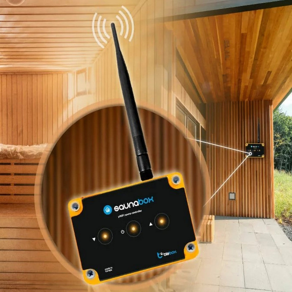 A close-up of the saunaBox Pro by Blebox, a WiFi heating controller, is shown with signal waves indicating its wireless connectivity, while a spacious wooden outdoor sauna and patio are visible in the background.