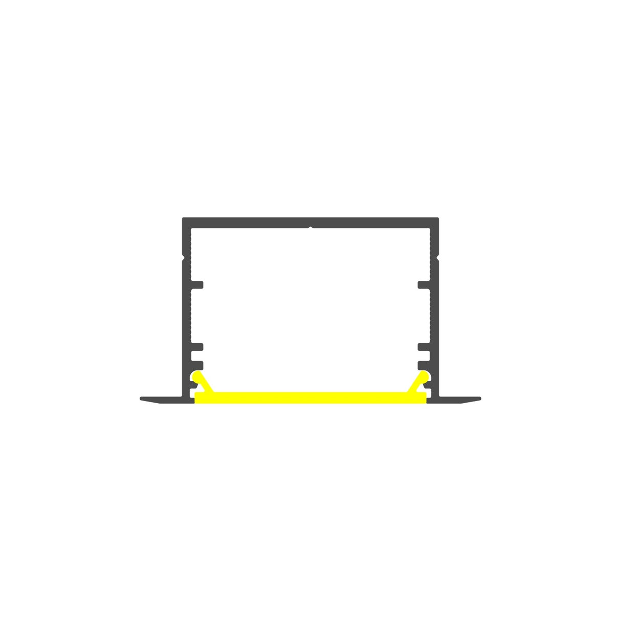 A simple black outline shows the 1.3” Deep-Section Recessed LED Channel (Model Vario30-07) with a highlighted yellow base on a white background, depicting a technical cross-section for indoor lighting use.