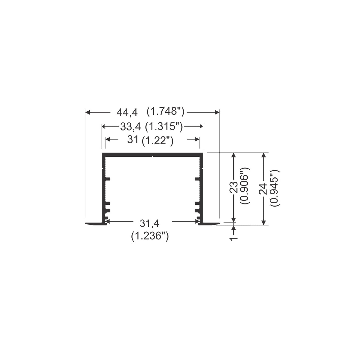 Technical drawing of the 1.3” Deep-Section Recessed LED Channel, Model Vario30-07, with internal grooves. Dimensions: width 44.4 mm (1.748), height 24 mm (0.945), interior widths 33.4 mm (1.315) and 31 mm (1.22).